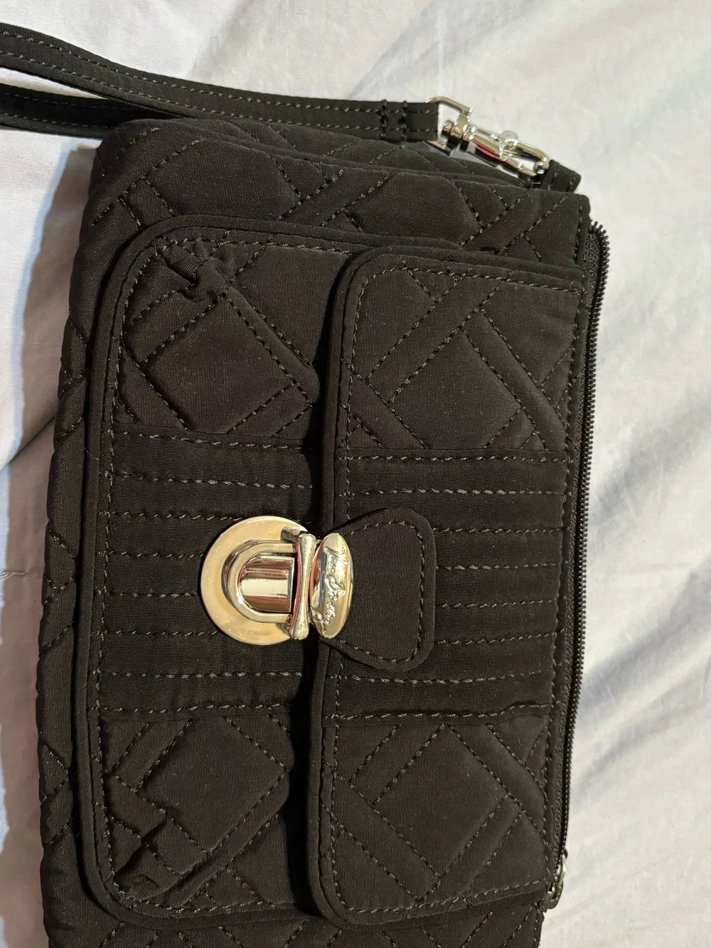 Vera Bradley Black Quilted Wristlet Clutch with Silver Hardware